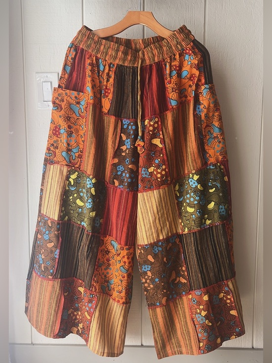 Pants - Bohemian Patchwork Wide-Leg Pants - Multi Orange With Mushroom Prints